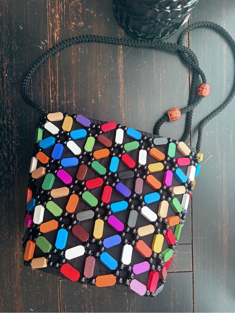 Handmade African wooden Multicolor Beaded Crossbody Bag with Black Base.